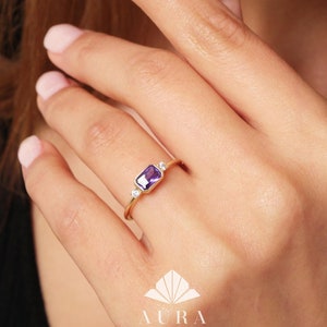 14K Gold Amethyst Ring, Rectangle Amethyst Diamond Engagement Ring, Custom Gemstone Ring, Purple Ring, February Birthstone Ring, Unique Ring