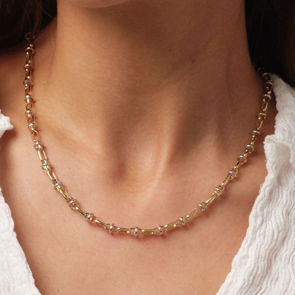 Collar de cadena de dos tonos de oro de 14K, collar de oro de diseño elegante vintage, cadena de clip de papel rectangular, gargantilla de cadena de eslabones ovalados, regalo para ella