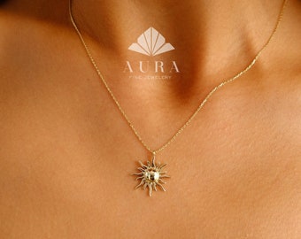 14K Gold Sun Necklace, Solar Celestial Star Sun Necklace, Sunshine Necklace, Glowing Necklace, Sun Charm Delicate Necklace, Graduation