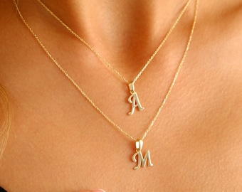 14K gouden ketting met cursief begin, hanger met handgeschreven letters, initiaal alfabet, gepersonaliseerde choker, hoofdletter cursief initiaal