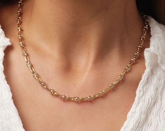 14K Gold Zwei Ton Kette Halskette, Vintage Fancy Design Gold Halskette, Rechteck Büroklammer Kette, Oval Gliederkette Choker, Geschenk für sie