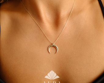 Collar de media luna de oro de 14 quilates, delicado colgante de cuerno, dije de luna doble, collar minimalista de luna de oro, regalo de joyería celestial para ella
