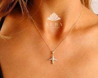 Collar de avión de oro de 14 quilates, collar de viajero, joyería con dije de avión, regalo para piloto y auxiliar de vuelo, viaje en avión, delicado regalo de graduación de aviación.