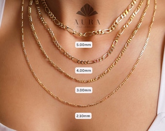 Collar de cadena Figaro de oro de 14K, collar de cadena Figaro de 2 mm 3 mm 4 mm 5 mm, gargantilla de cadena de oro genuino, collar de Figaro grueso, collar de mujer hombre