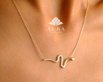 14K Gold Snake Necklace, Snake Pendant Necklace, Serpent Pendant, Dainty Charm, Minimalist Snake Choker, Animal Jewelry, Gift For Her
