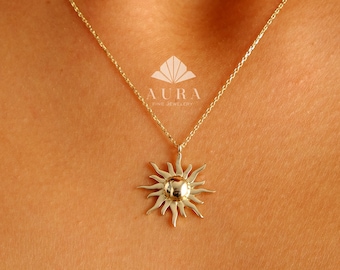 14K Gold Sun Necklace, Solar Celestial Star Sun Necklace, Sunshine Necklace, Glowing Necklace, Sun Charm Delicate Necklace, Anniversary