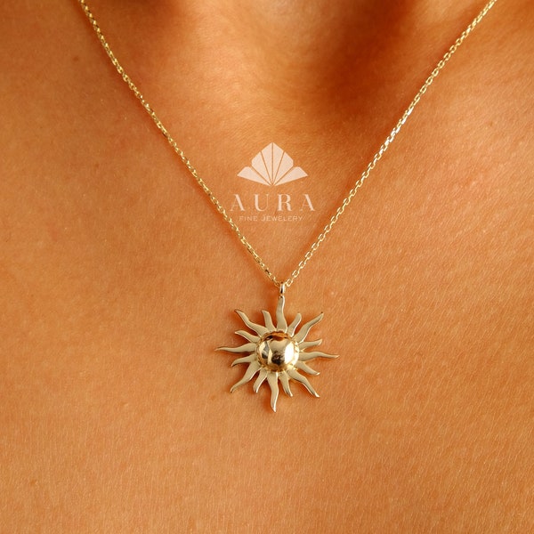 14K Gold Sun Halskette, Solar Celestial Star Sun Halskette, Sunshine Halskette, glühende Halskette, Sun Charm zarte Halskette, Jubiläum