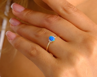 14K Gold Opal Ring, Blue Opal Ring, CZ Diamond Stacking Opal Ring, Dainty Gold Ring, Opal Jewelry, Wedding Engagement Gift