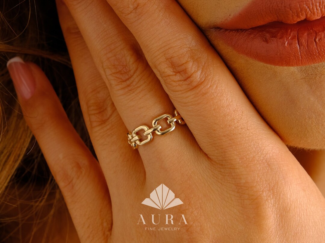 14K Gold Bold Chain Ring, Chunky Chain Ring, 5mm Curb Link Ring ...