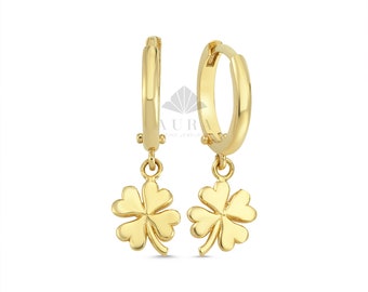 14K Gold Clover Earrings, Four Leaf Clover Dangle Hoops, Shamrock Hoop Huggies, Good Luck Earrings, Clover Charm, Bridesmaid Jewelry