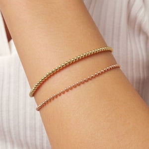 14K Gold Bead Ball Kettenarmband, 1.5 mm 3 mm Italienisches Gold Beaded Armband, Stacking Zierliches Armband, Rundes Glänzendes Schlichtes Ball Armband