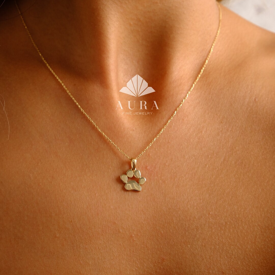 14K Gold Paw Print Necklace, Dog Paw Pendant Necklace, Engraved Pet Paw