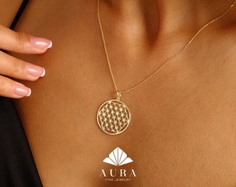 14K Gold Flower of Life Necklace, Handmade Jewelry, Seed of Life Medallion, Sacred Geometry Pendant, Spiritual Necklace, Anniversary Gift
