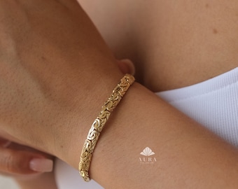 Pulseira de corrente bizantina em ouro 14K, pulseira de corte plano de 5 mm, pulseira de corrente King, pulseira de elos de corrente robustos, pulseira Bali, pulseira masculina e feminina