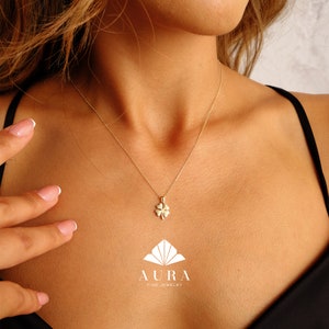 14K Gold Klee Halskette, Glücksbringer, vierblättriges Kleeblatt Anhänger, St. Patrick&#39;s Day Halskette, Brautjungfer Geschenk Schmuck, Geschenk für Sie