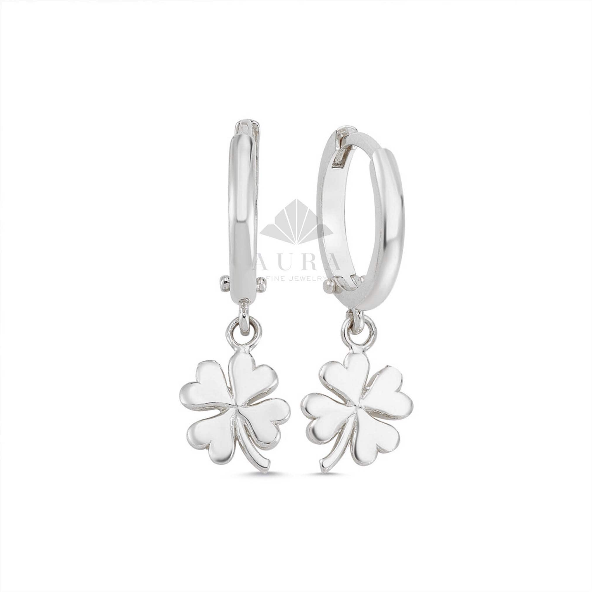 14K Gold Clover Earrings, Four Leaf Clover Dangle Hoops
