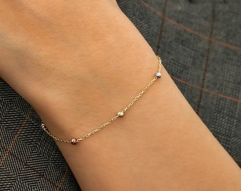 Pulsera Satélite de Oro de 14 K, Pulsera de Cadena de Cuentas de 2 mm, Delicada Pulsera Tricolor para Mujer, Oro Macizo Minimalista, Regalo para Ella