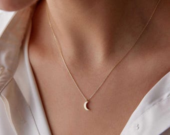 14K Gold Moon Necklace, Dainty Crescent Moon Pendant, Minimalist Gold Necklace, Celestial Jewelry, Moon Charm Necklace, Gift for Her
