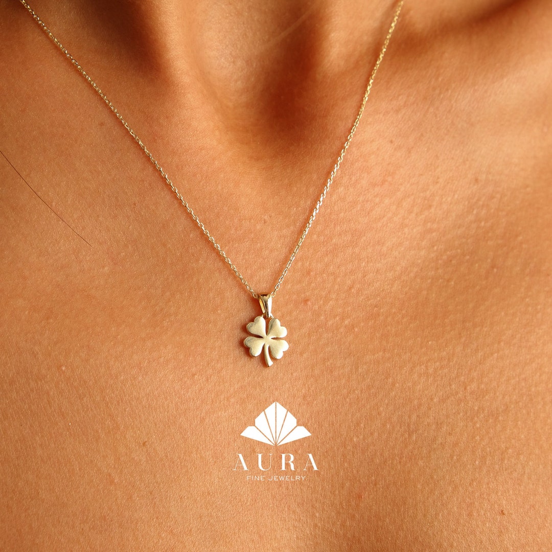 14K Gold Clover Necklace, Four Leaf Pendant, Shamrock Necklace, Good