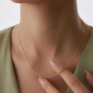 14K Gold Cuban Link Necklace, 2mm Dainty Curb Chain Necklace, Thin Solid Gold Link Chain, Minimalist Gold Necklace, Gift for Her