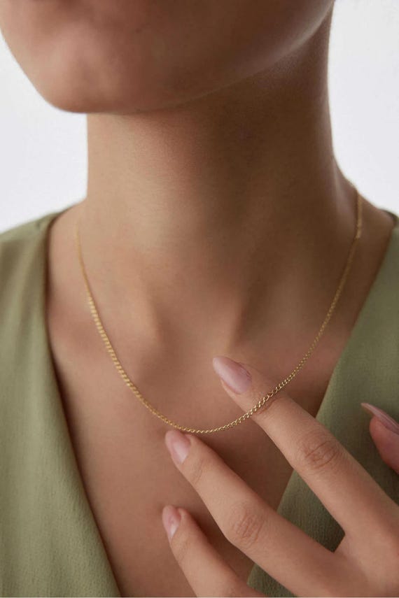 14K Gold Cuban Link-Halskette, 2 Mm Zierliche Panzerkette, Dünne Massiv Gold Gliederkette, Minimalistische Goldkette, Geschenk Für Sie
