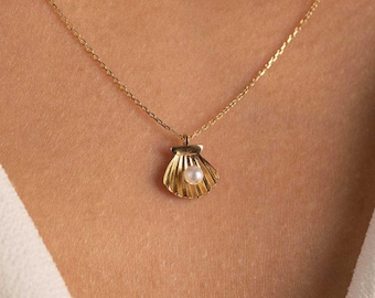 14K Gold Pearl Shell Necklace, Seashell Pendant with Pearl, Beach Jewelry, Dainty Gold Necklace, Ocean Inspired Gift for Her