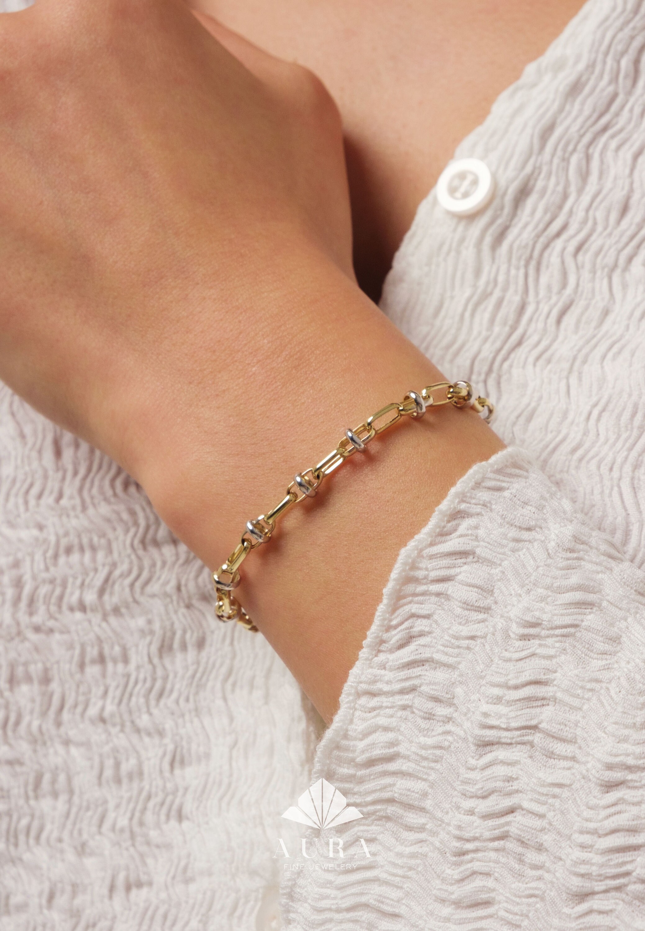 14K Gold Two Tone Chain Bracelet, Vintage Fancy Design Gold 14K Gold Two Tone Chain Bracelet, Vintage Fancy Design Gold
