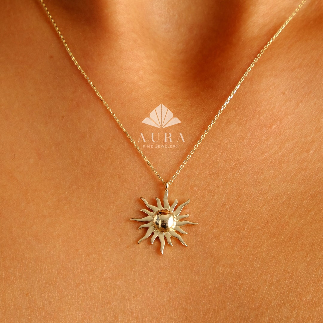 14K Gold Sun Necklace, Solar Celestial Star Sun Necklace, Sunshine