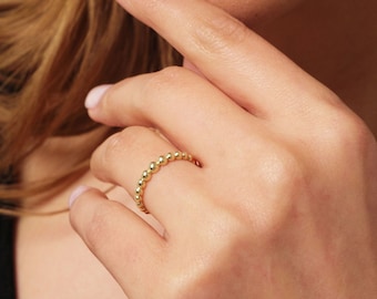 14K Gold Perlenring, Gold Dot Ring, zierlicher mutiger Gold Stapelring, gepunktet jeden Tag, Perlen Ehering, zierlicher stapelbarer Verlobungsring