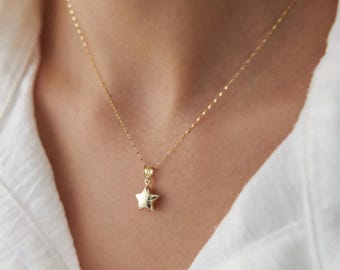 14K Gold Star Necklace for Women, Puffy Star Pendant Necklace, Solid Gold Star Charm, Celestial Jewelry, Dainty Gold Necklace Gift