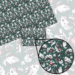 May include: A seamless pattern featuring a repeating design of black and white creatures with a green background. The creatures have a geometric, almost alien-like appearance.