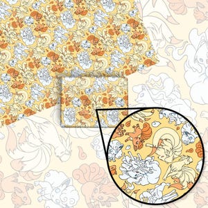 May include: A yellow background with a repeating pattern of white and orange nine-tailed foxes. The foxes are in various poses, some are curled up, some are standing, and some are running. The pattern is a whimsical and fun design.
