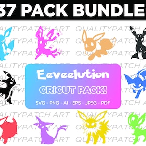 Puede incluir: Un paquete de descarga digital de 37 archivos SVG, PNG, AI, EPS, JPEG y PDF que representan diferentes evoluciones de Pokémon Eevee. El texto "37 PACK BUNDLE!" está en la parte superior de la imagen. El texto "Eeveelution CRICUT PACK!" está en el centro de la imagen. El texto "SVG - PNG - AI - EPS - JPEG - PDF" está debajo del texto "Eeveelution CRICUT PACK!"