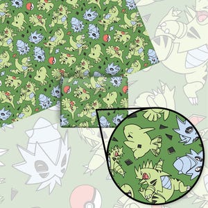 May include: Green and blue wrapping paper featuring a repeating pattern of cartoon Pokemon characters. The characters are set against a green background with black outlines. The paper is ideal for wrapping gifts for Pokemon fans.