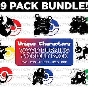 Op de afbeelding: Een 9-pack bundel met unieke karakters voor houtbranden en Cricut-projecten. De karakters zijn zwarte silhouetten van populaire cartoonfiguren, waaronder Pikachu, Charizard en Bulbasaur. De afbeelding bevat de tekst "Unique Characters Wood Burning & Cricut Pack" en "SVG - PNG - AI - EPS - JPEG - PDF".