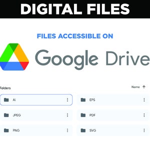 May include: A screenshot of a Google Drive folder with the text "DIGITAL FILES" and "FILES ACCESSIBLE ON Google Drive" at the top. The folder contains files in the following formats: AI, EPS, JPEG, PDF, PNG, and SVG.