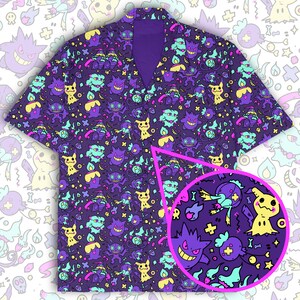 Gengar Ghost Pattern Button up Shirt! Perfect for a Gift, Present, Holiday, Birthday! Japanese Anime