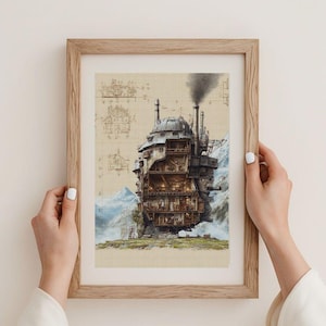 May include: A framed print of a fantastical airship, detailed with multiple levels, chimneys emitting smoke, and a mountain backdrop. The artwork has a vintage aesthetic, with architectural blueprints in the background.