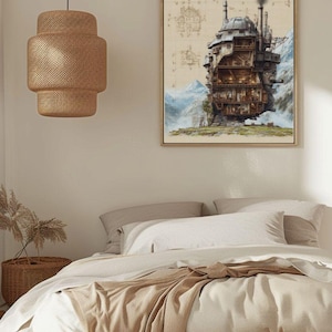 May include: A framed print depicts a fantastical steampunk airship structure nestled on a mountain, with a detailed architectural design. The artwork is set in a bedroom with a woven pendant light, a bed with neutral-toned bedding, and a woven basket.