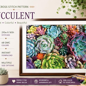 Succulent Cross Stitch Pattern PDF | Colorful Succulent Embroidery Chart | Modern Botanical Decor | Instant Download