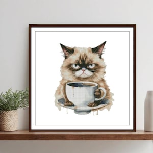 Peut inclure: Un chat à l'air grognon avec une fourrure brune et blanche tient une tasse de café blanche avec un liquide brun à l'intérieur. Le chat est assis sur une soucoupe blanche avec un bord brun. L'image est peinte dans un style aquarelle.