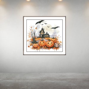 Watercolor Halloween Cross Stitch Pattern,Halloween Night,Pattern Keeper,Hand Embroidery,Instant Download