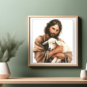 May include: A painting of a man with a beard and long hair holding a white lamb in his arms. The man is wearing a brown robe and the lamb is looking at the viewer.