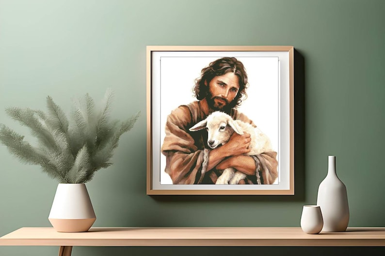 May include: A painting of a man with a beard and long hair holding a white lamb in his arms. The man is wearing a brown robe and the lamb is looking at the viewer.