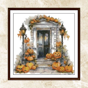 Watercolor Halloween Cross Stitch Pattern,Pumpkins on the stairs,Pattern Keeper,Colorful,Landscape,Hand Embroidery,Instant Download
