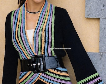 Wzór na kardigan w paski w stylu vintage – sweter z paskiem i tęczowym wykończeniem (PDF)