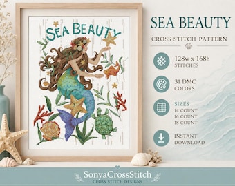 May include: A framed cross stitch pattern titled SEA BEAUTY featuring a mermaid with long brown hair, a blue tail, a starfish, a turtle, and coral. The text indicates 128w x 168h stitches, 31 DMC colors, and compatibility with 14, 16, and 18 count fabric.