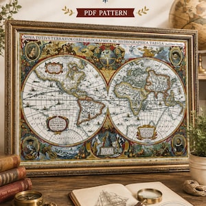 May include: A counted cross stitch pattern titled MAP OF THE WORLD, featuring a vintage-style double-hemisphere map with intricate illustrations, decorative borders, and Latin text. The PDF pattern includes 49 DMC colors and measures 350w x 246h stitches.