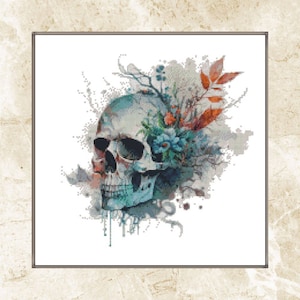 Watercolor Cross Stitch Pattern,Skull With Flowers,Counted cross stitch,Pattern Keeper, Embroidery,Pdf,Instant Download