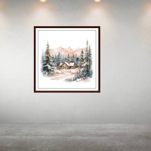 May include: A watercolour painting of a cabin in the woods with snow-covered trees and mountains in the background.